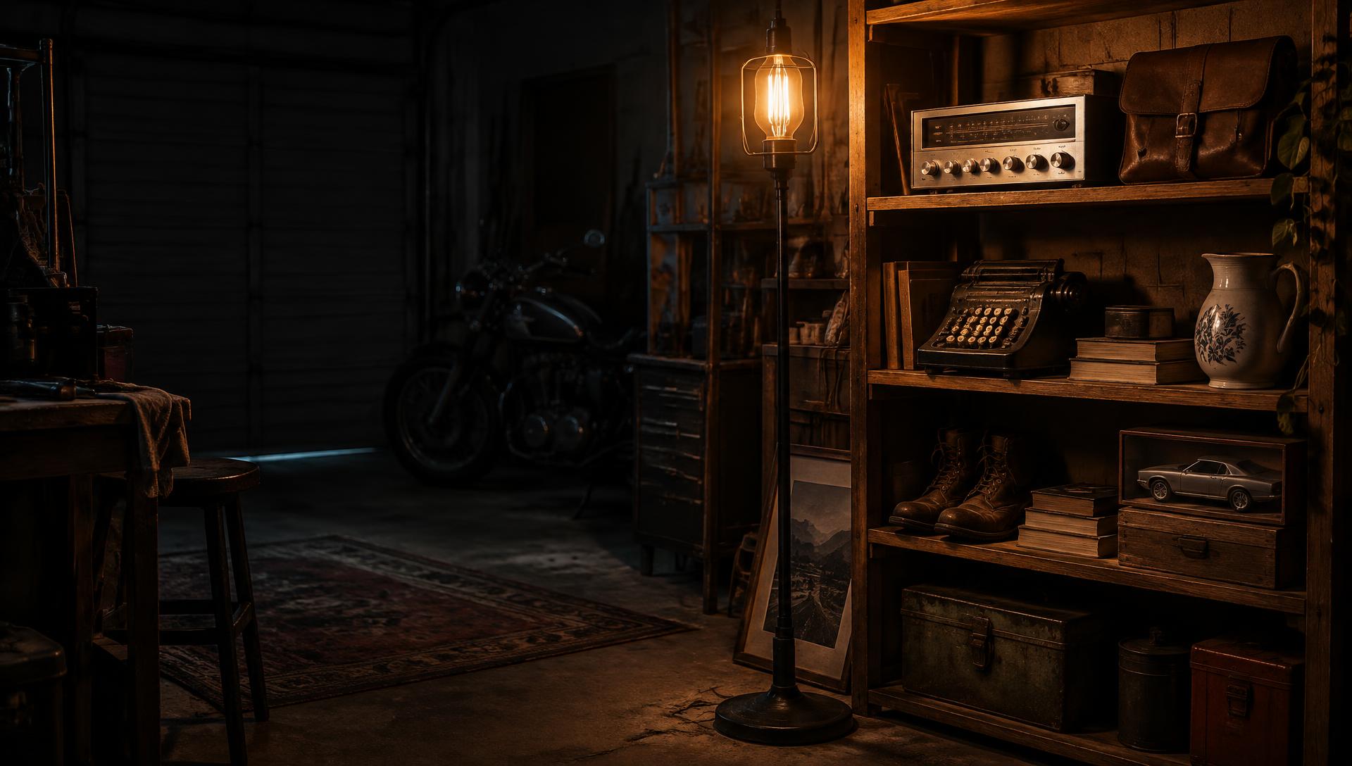 A single ghost light glowing in a quiet workshop full of vintage finds
